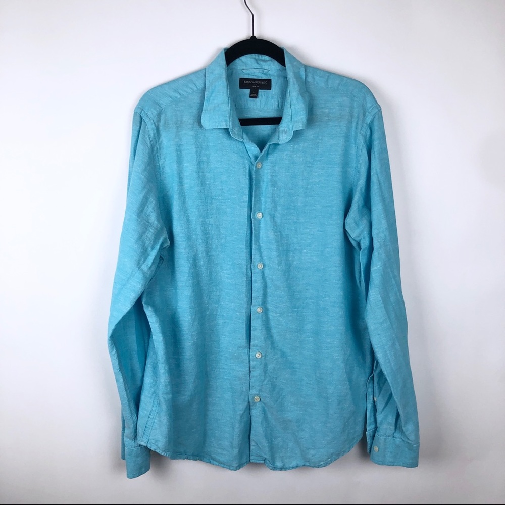 Banana Republic Linen Blend Button Down Shirt Blue